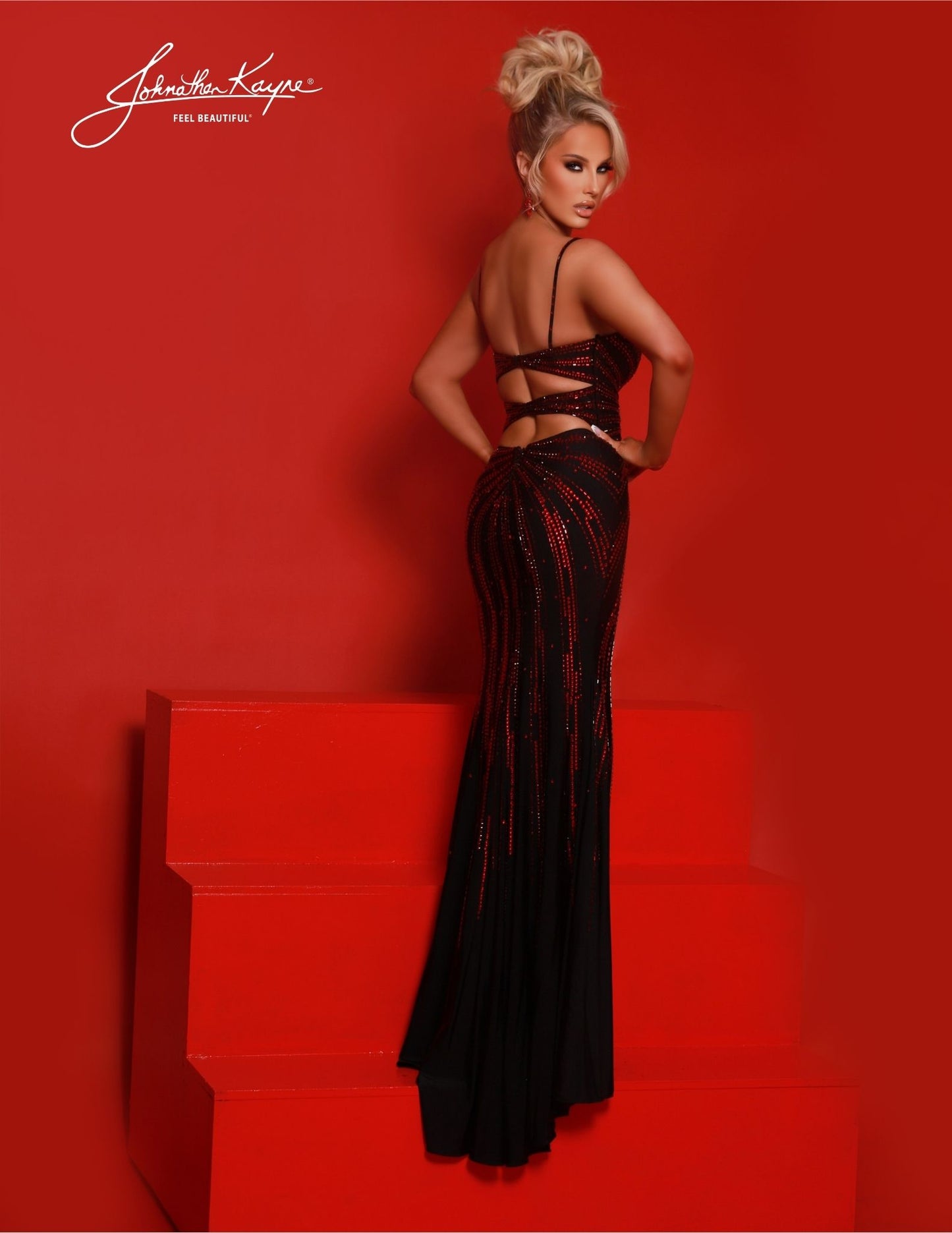 Johnathan Kayne 2880 is the perfect formal gown for special occasions. Its beautiful low V-neckline, beaded, high slit, train, and fitted design make it a timeless classic. Its fitted silhouette flatters every body shape and the added beading makes it dazzling. Make a statement in this stunning evening gown. Dress to dazzle! Crafted from 4-Way Stretch Lycra, it's designed for movement and style. The radiating beadwork catches the light as you twirl and sway. 