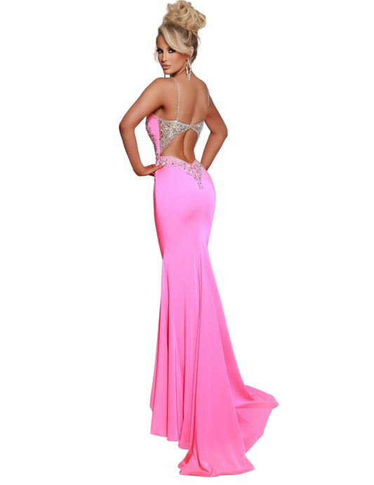 This Johnathan Kayne 2918 prom dress exudes elegance with its sheer backless design and intricate crystal embellishments. Made with high-quality crepe, this gown is perfect for formal events and pageants. Convey a sophisticated and luxurious look while feeling comfortable and confident. Embrace perfection in this stretch crepe gown. The sophisticated high-neckline alludes elegance while the fit and flare silhouette hugs all the curves in all the right places. Sizes: 00-16 Colors: Taffy Pink, Black, White