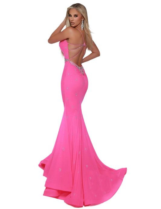 This Johnathan Kayne 3008 prom dress is a stunning choice for any formal event. Its mermaid silhouette and V-neckline flatter the figure, while the backless design adds a touch of elegance. Adorned with crystal details, this dress is sure to make you stand out. On the hunt for a dress that screams sophistication with a side of sass? Well look no more! Behold this show-stopping number with a jaw-dropping open back and strap detail that will have everyone talking about your killer style.
Sizes: 00-16
C
