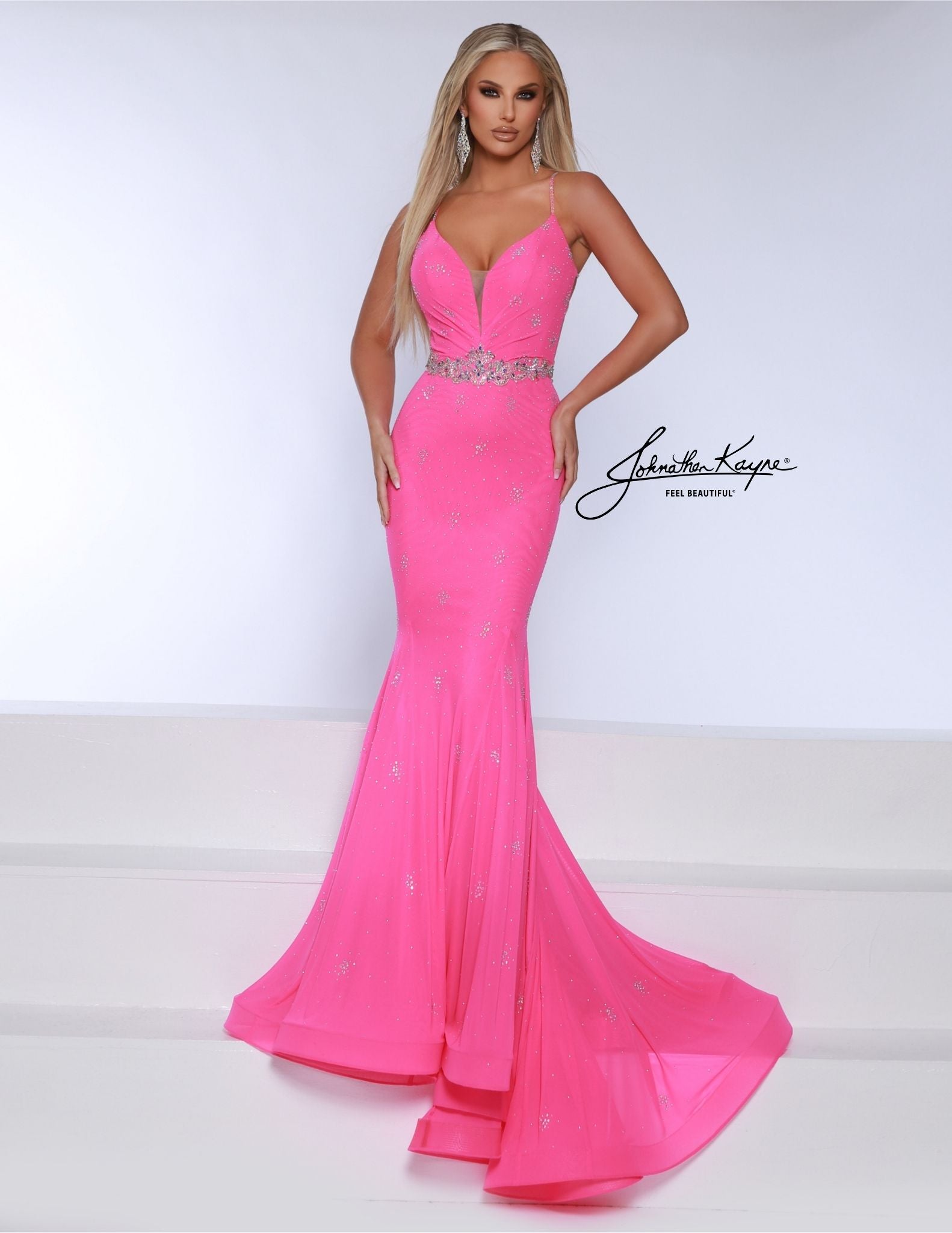 Johnathan Kayne 3008 Size 10 Hot Pink Crystal Prom Dress Mermaid V Neck Formal Backless Gown