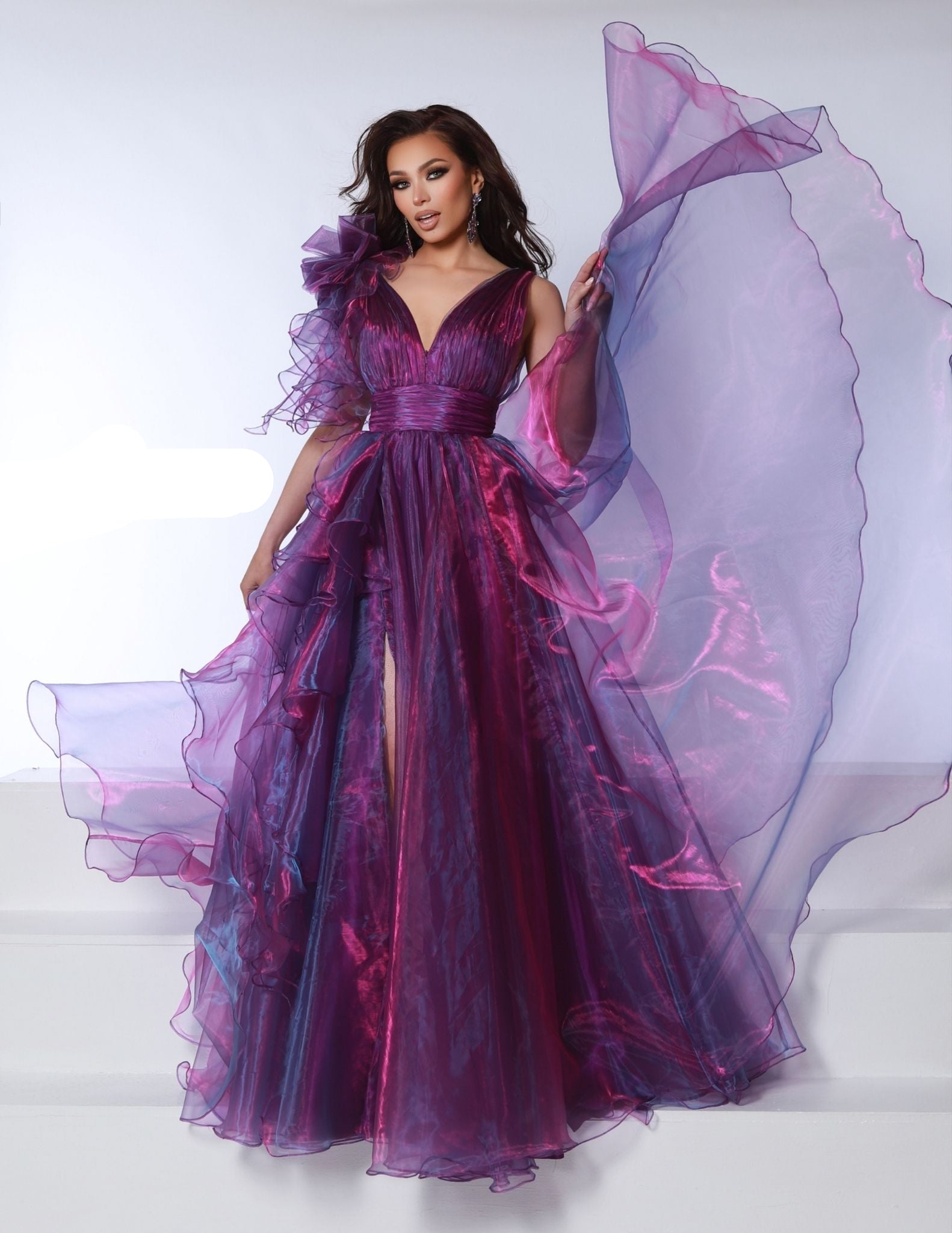 Johnathan Kayne 3014 Long A Line Ruffle Iridescent Prom Dress V Neck Formal Evening Gown