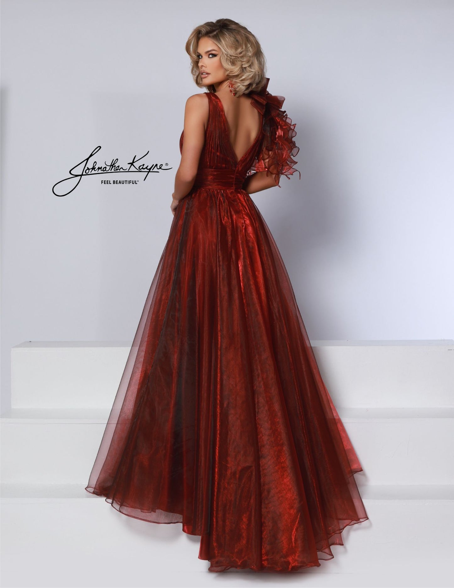 Johnathan Kayne 3014 Size 16 Crimson Long A Line Ruffle Iridescent Prom Dress V Neck Formal Evening Gown