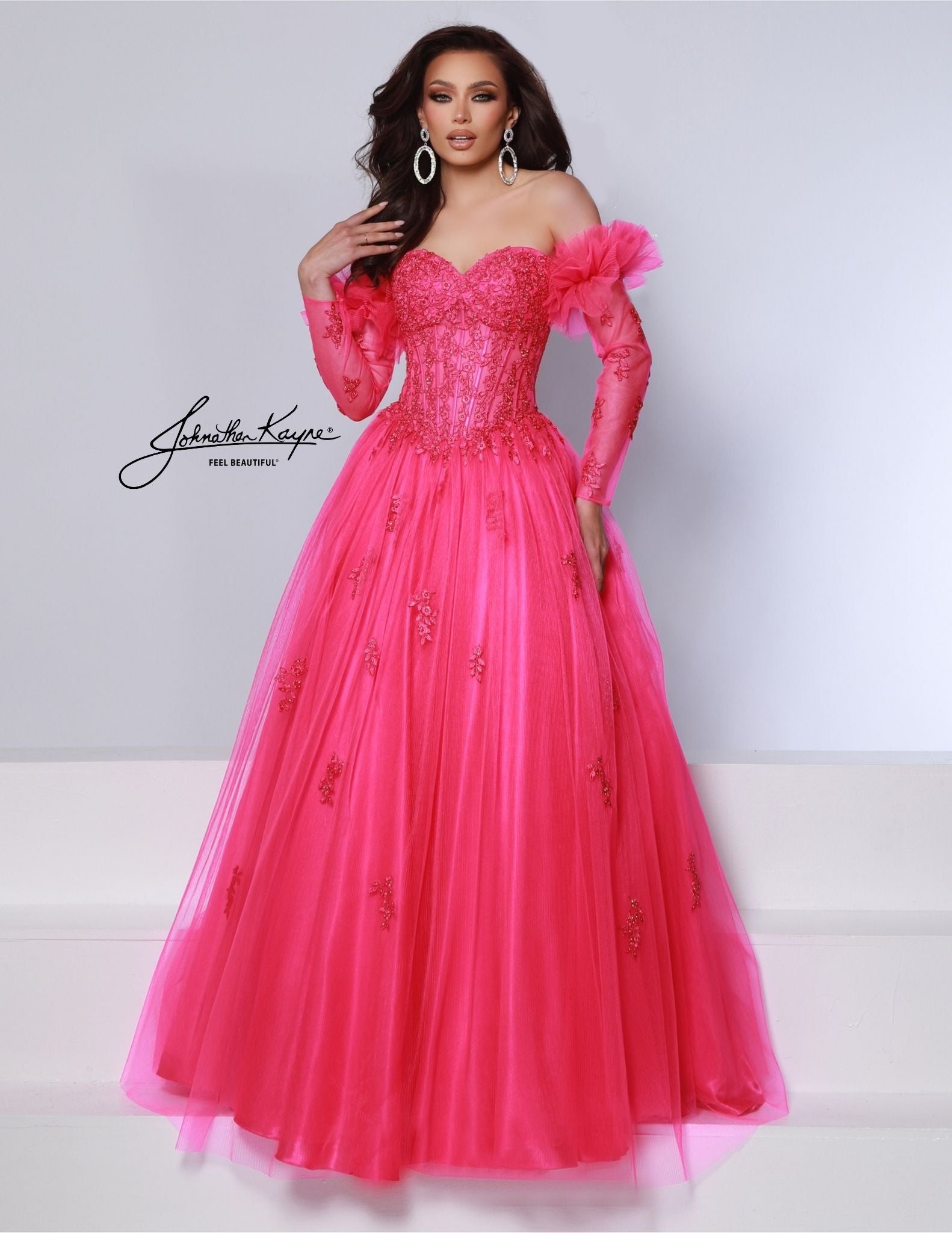 Johnathan Kayne 3019 Size 6 Hot Pink Sheer Corset Prom Dress Lace Sleeves pleated Ballgown Strapless Johnathan Kayne 3019 Size 6 Hot Pink Sheer Corset Prom Dress Lace Sleeves pleated Ballgown Strapless