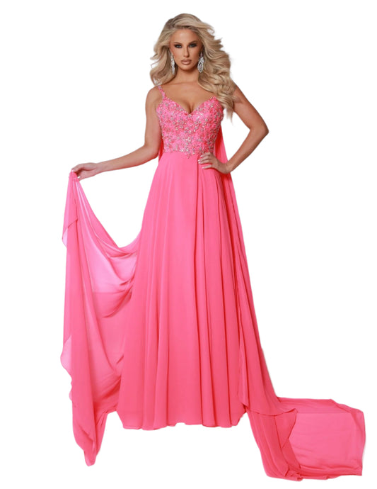 Expertly designed by Johnathan Kayne, this stunning A Line Pageant Dress features a glamorous crystal embellished cape, a flowy chiffon skirt, and a sophisticated V neckline. Step onto the stage in style and exude confidence with this must-have prom dress. Buy now or cry later! Transform into your most fabulous self with this enchanting dress. With the beaded bodice and magical shoulder cape attachments, you'll fly far away from basic.
Sizes: 00-20
Colors: Aqua, Hot Pink, Lemon, White