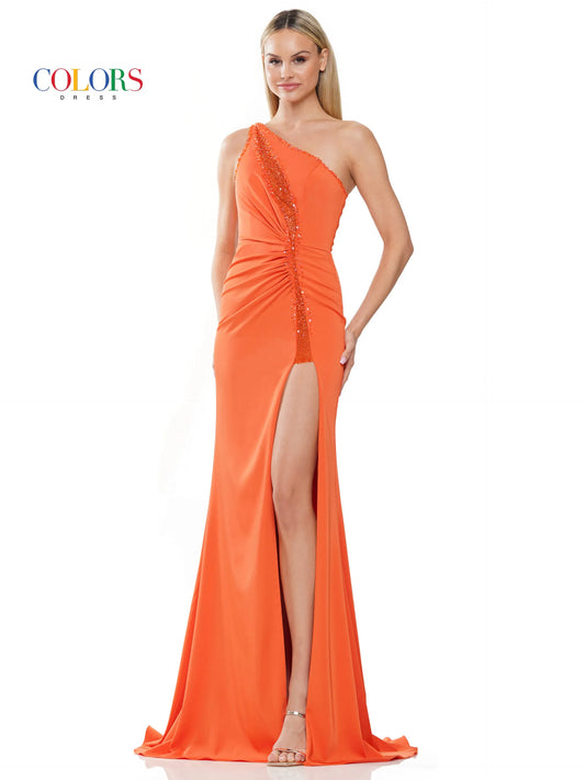 Step into the spotlight with the Colors Dress 3090 Long Prom Dress. Its one-shoulder design, illusion cut-out, and high slit train create a stunning silhouette, perfect for formal events and pageants. Made with precision and quality materials, this fitted gown will make you shine.