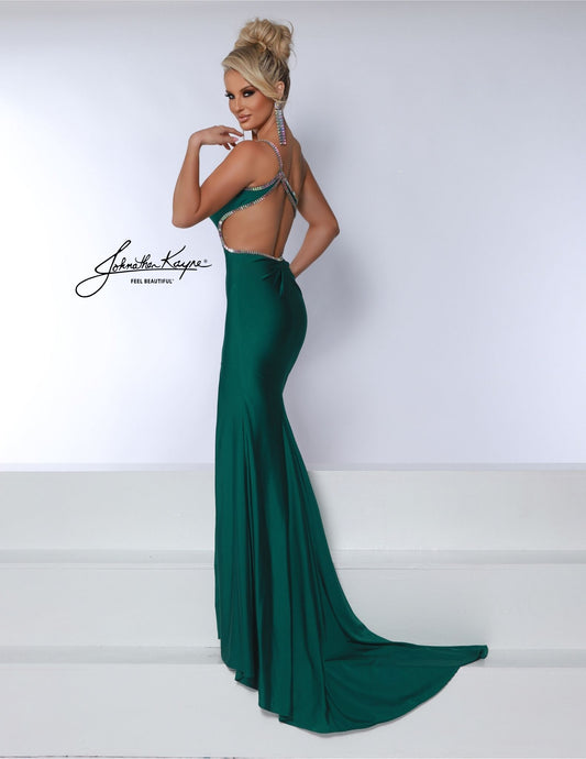 Johnathan Kayne 3105 One Shoulder Prom Dress Lycra Fit and Flare Cutouts Backless Slit Train