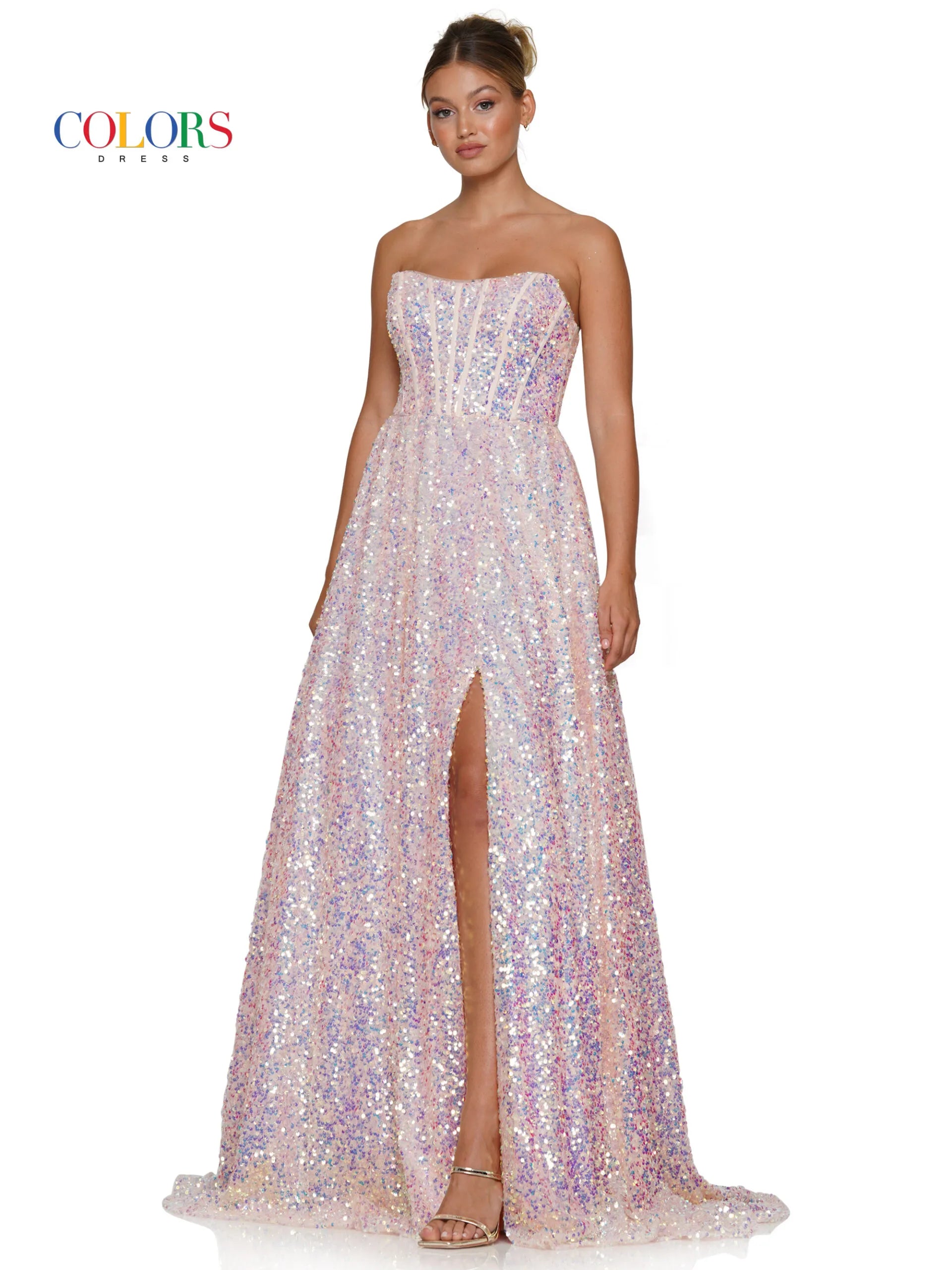 Colors Dress 3229 Size 14 Blush Long Sequin Maxi Slit A Line Formal Prom Dress Pageant Corset Strapless Colors Dress 3229 Size 14 Blush Long Sequin Maxi Slit A Line Formal Prom Dress Pageant Corset Strapless
