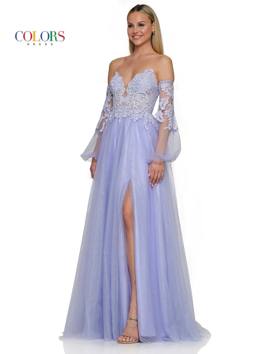 Colors 2337 Size 4,8 Light Blue Prom Dress Sheer Lace A Line Long Sleeve Shimmer Slit Corset Formal Gown