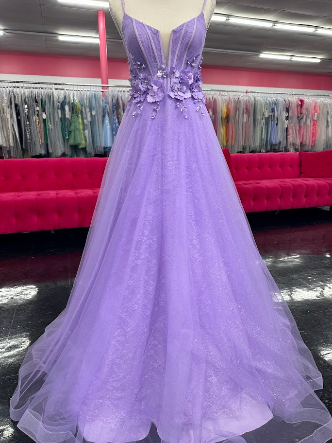 Nina Canacci 3268 Size 4 Lilac Lace Shimmer A Line Floral Prom Dress V Neck 3D Flower Corset