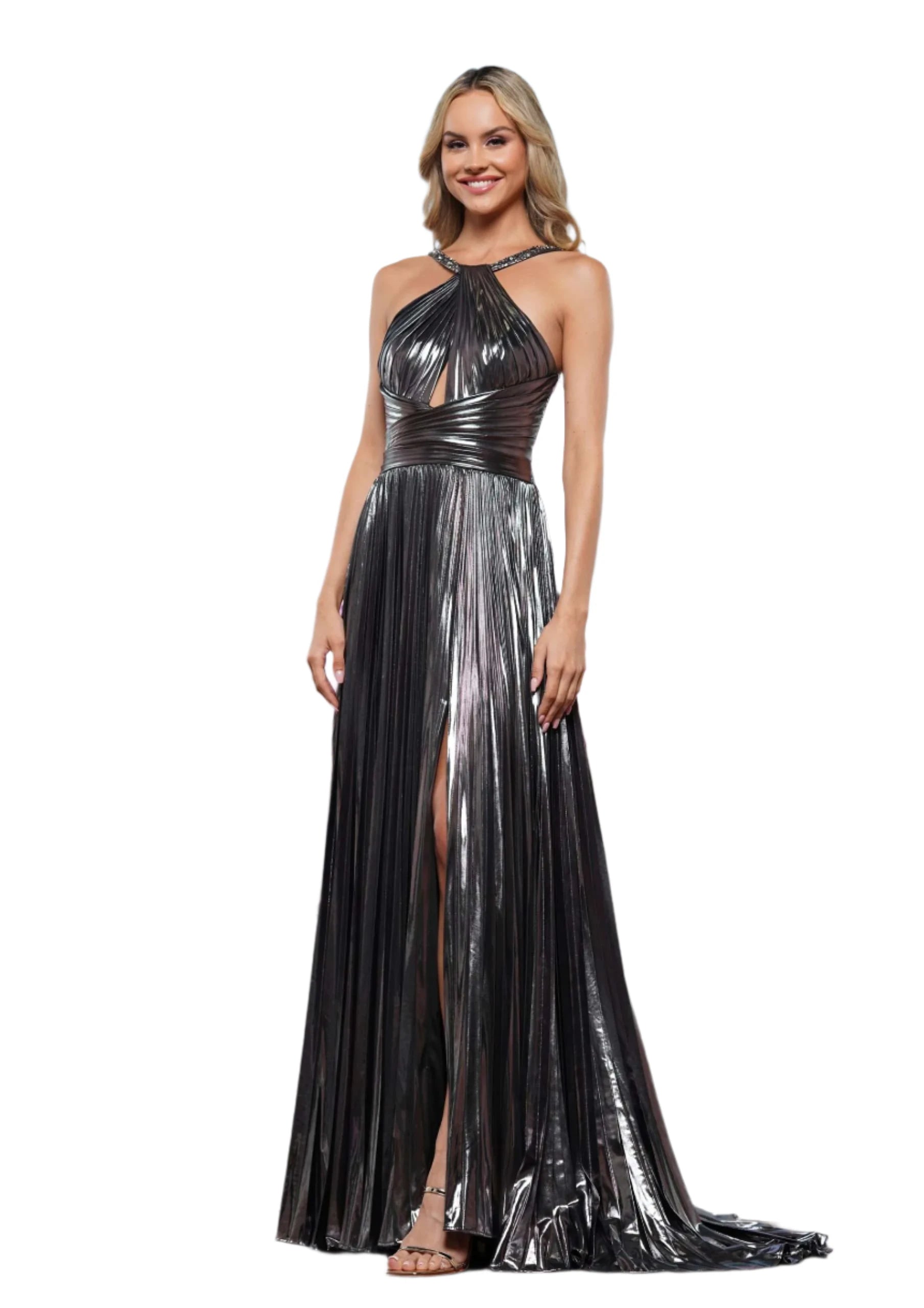 Colors Dress 3519 Metallic Pleated Prom Dress Corset Slit High Neck Formal Evening Gown