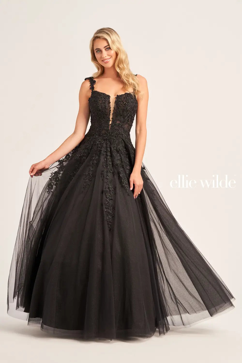 Ellie Wilde EW120014 Long Sheer Lace Shimmer Ballgown Prom Dress V Neck Formal Gown 14 / Black Ellie Wilde EW120014 Long Sheer Lace Shimmer Ballgown Prom Dress V Neck Formal Gown 14 / Black