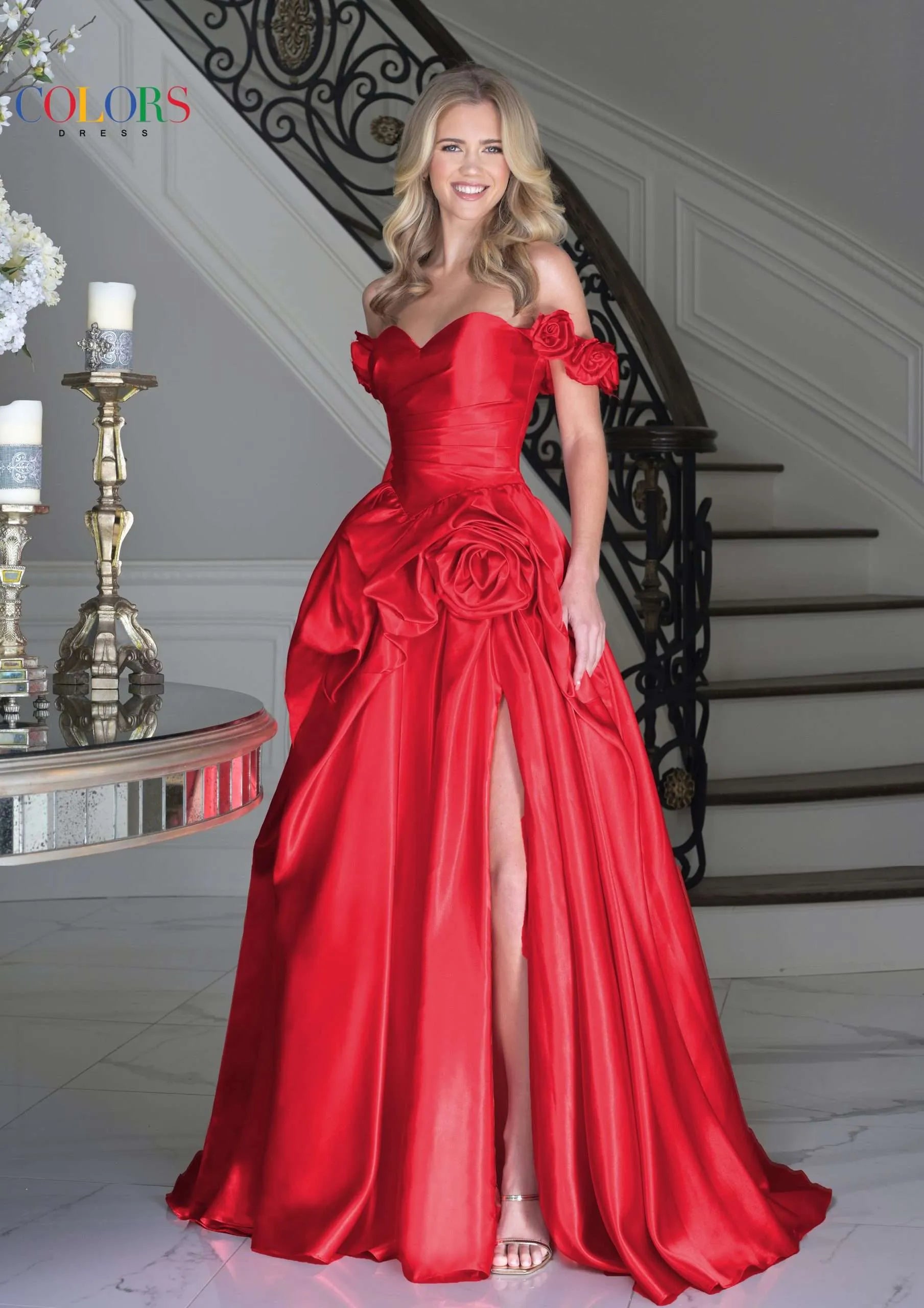 Colors Dress 3521 Satin Ballgown Maxi Slit Prom Dress off the Shoulder Formal Evening Gown 2 / Red Colors Dress 3521 Satin Ballgown Maxi Slit Prom Dress off the Shoulder Formal Evening Gown 2 / Red