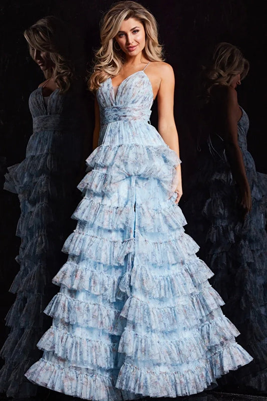 Jovani 36571 Long Prom Dress A-Line Layered Ruffle Skirt V Neckline Formal Pageant Gown
