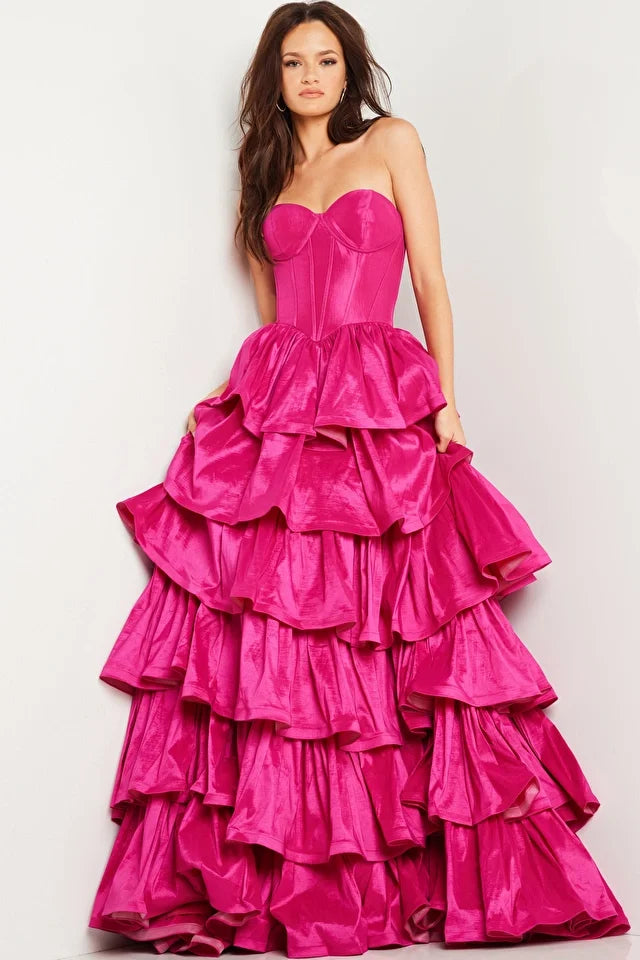 Jovani 36619 Long Prom Dress Corset Strapless Layer Ruffle Skirt Sweetheart Neckline Formal Pageant Gown 2 / fuchsia Jovani 36619 Long Prom Dress Corset Strapless Layer Ruffle Skirt Sweetheart Neckline Formal Pageant Gown 2 / fuchsia