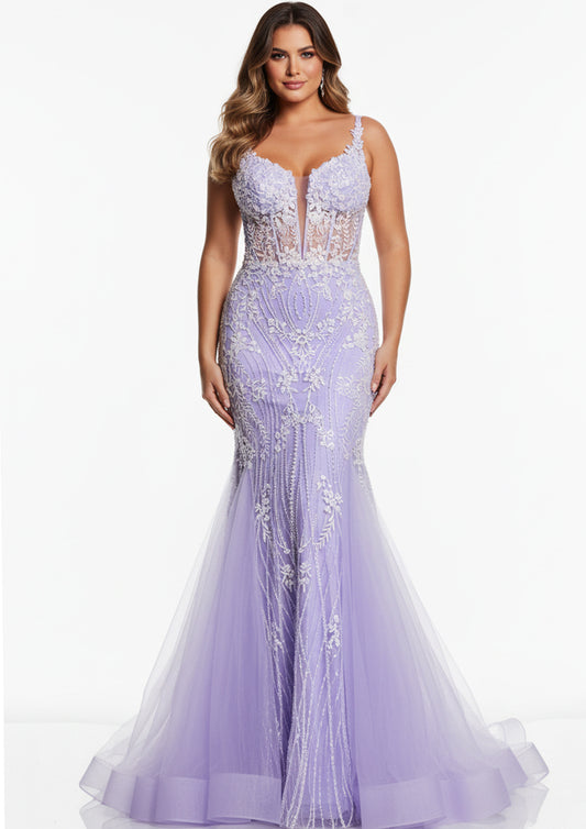 This elegant Jovani 37414 long prom dress is designed with a sheer corset and mermaid silhouette, making it the perfect choice for special occasions. The fitted bodice and sequin fabric add a touch of glamorous style, while the sleek silhouette flatters the figure. Look and feel your best in this dreamy formal gown.
Sizes: 00-24
Colors: Mint, Lilac 