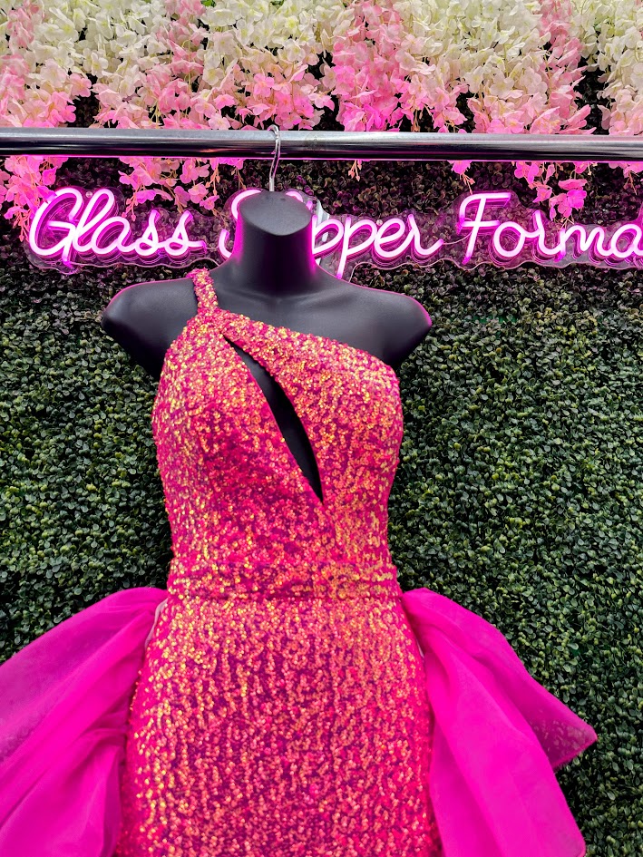 Jovani 37689 Long Prom Dress Sequin One Shoulder High Slit Tulle Layered Skirt Cut Out Formal Pageant Gown