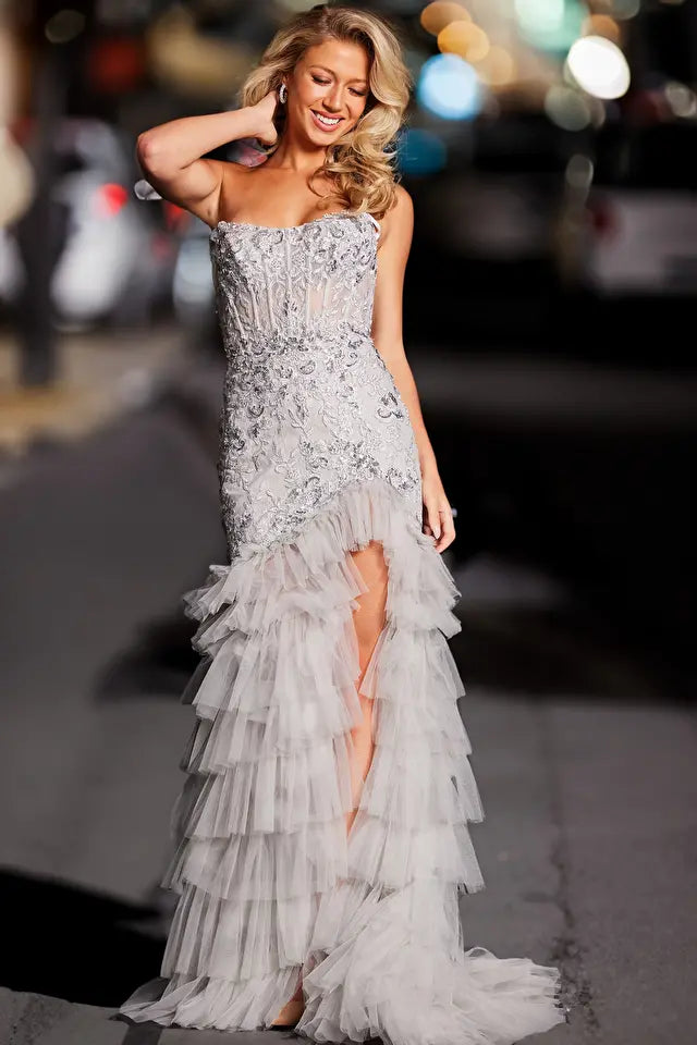 Jovani 38489 Long Prom Dress Silver Corset Embellished Ruffle