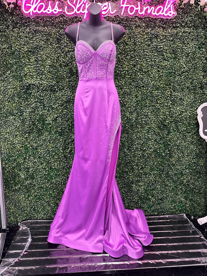 Ava Presley 39214 Size 2 Violet Long Fitted Satin Maxi Slit Prom Dress Crystal Corset Bodice Formal Gown Ava Presley 39214 Size 2 Violet Long Fitted Satin Maxi Slit Prom Dress Crystal Corset Bodice Formal Gown