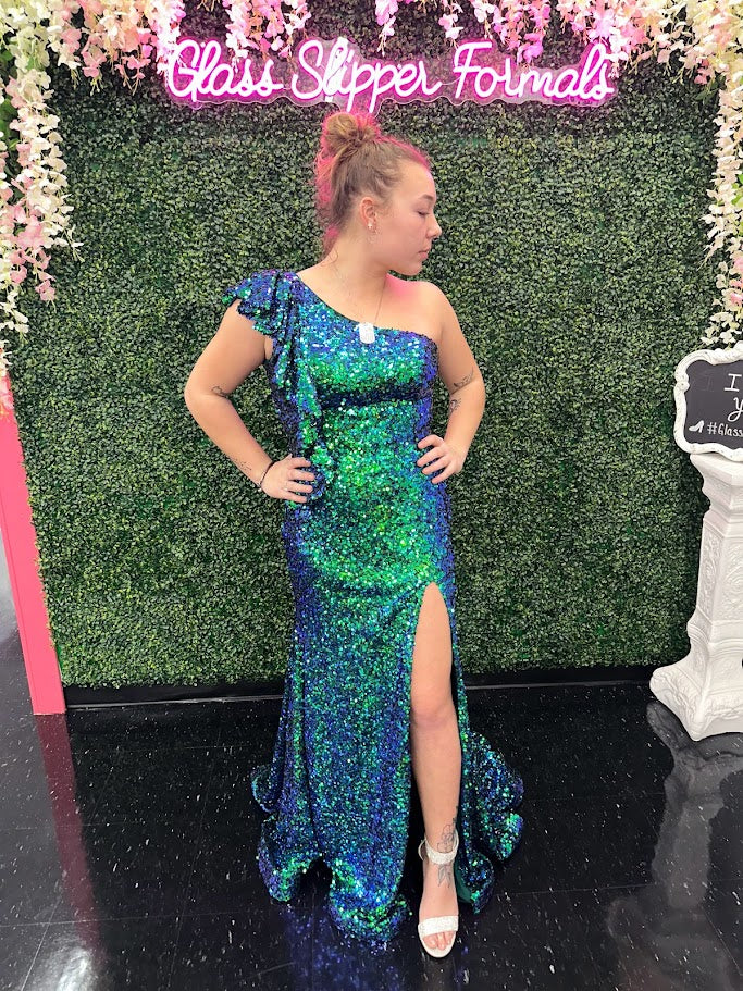 green emerald velvet dress JVN by Jovani 22824 Fuchsia Pink Iridescent Sequin Dress Fuchsia / 6