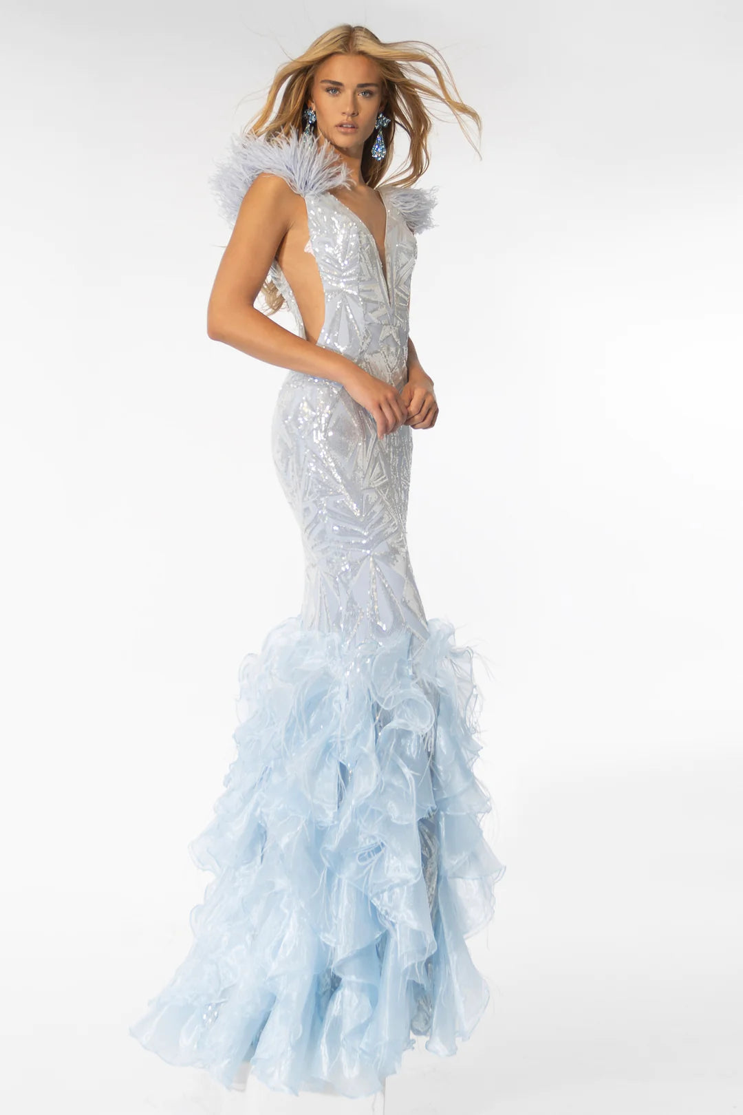 Ava Presley 39315 Long Dress Feathers Geometric Sequin Design Organza Mermaid Skirt Formal Pageant Gown 18 / Lilac Ava Presley 39315 Long Dress Feathers Geometric Sequin Design Organza Mermaid Skirt Formal Pageant Gown 18 / Lilac