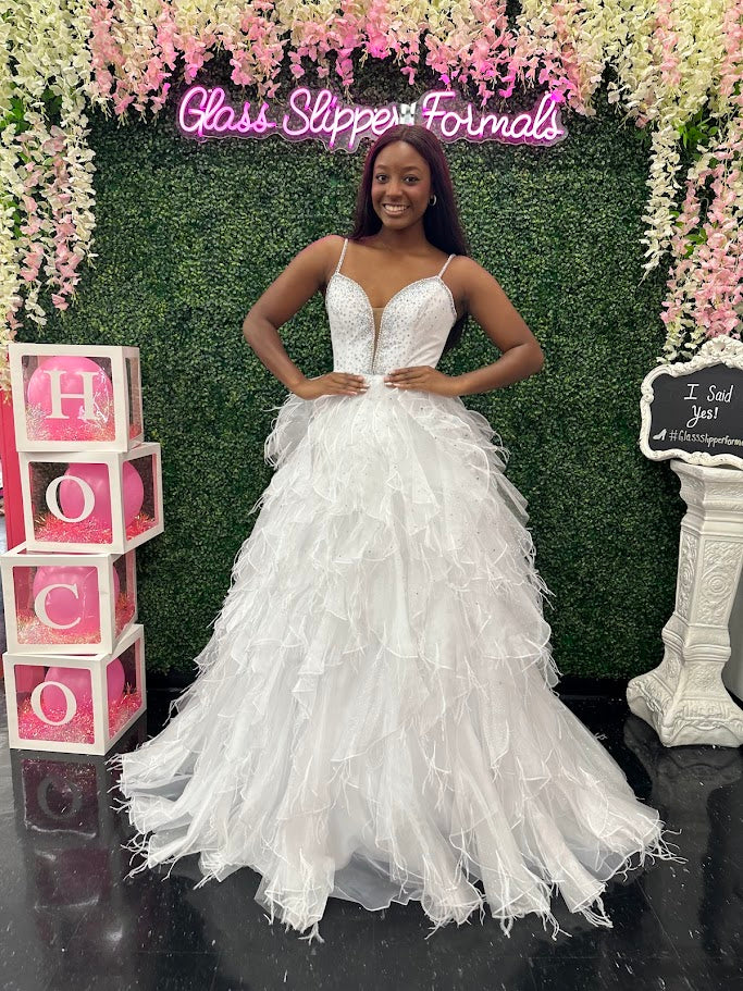 Ava Presley 39554 Size 2,6 White Feather Velvet Dress A Line Ruffle Ballgown V Neck Formal Pageant Prom 2 / White Ava Presley 39554 Size 2,6 White Feather Velvet Dress A Line Ruffle Ballgown V Neck Formal Pageant Prom 2 / White