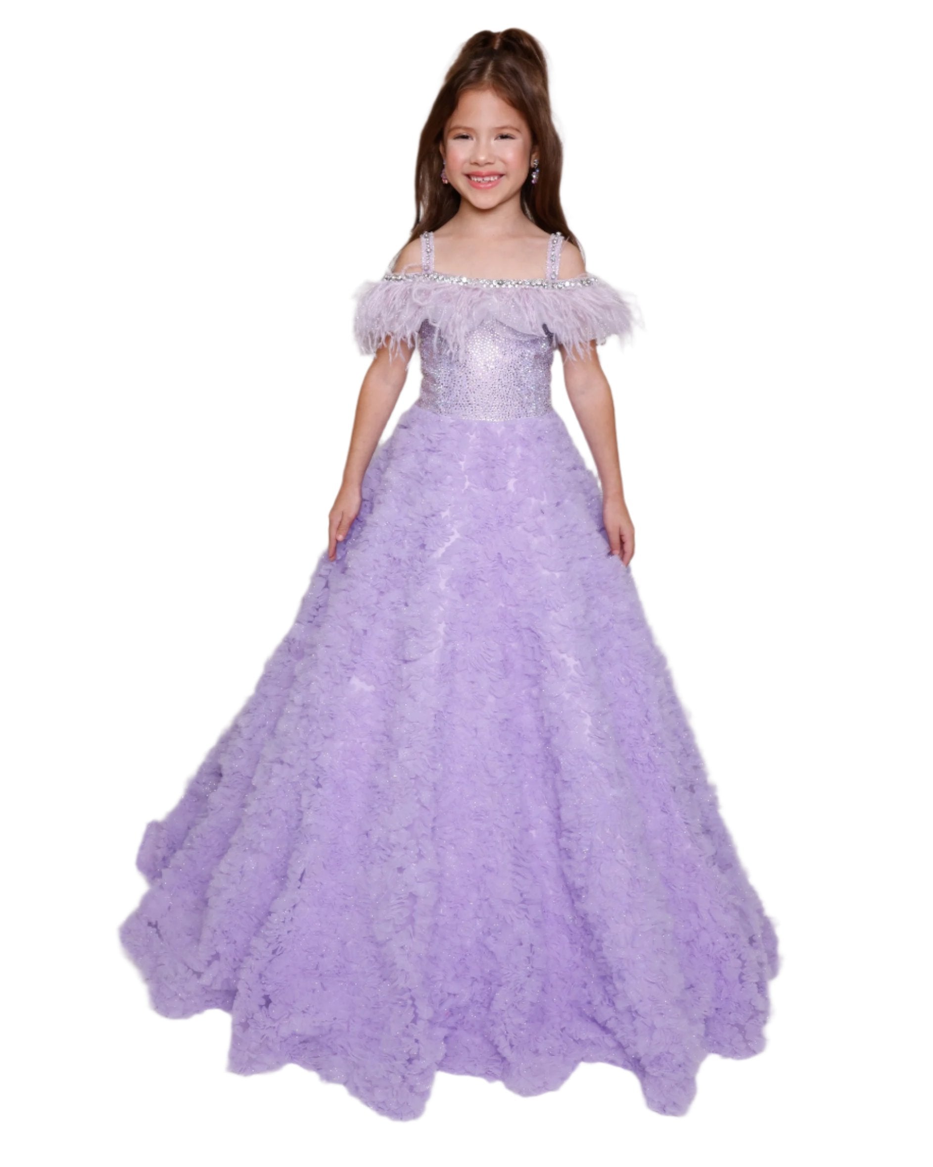 Ava Presley 39894 Girls Pageant Dress Shimmer Feather Ballgown Crystal off the Shoulder Formal 10 / Lilac Ava Presley 39894 Girls Pageant Dress Shimmer Feather Ballgown Crystal off the Shoulder Formal 10 / Lilac