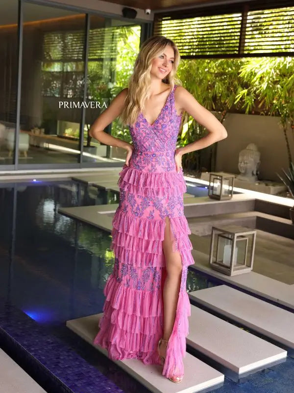 Primavera Couture 4106 Long Prom Dress Sequin Beaded Layered Ruffle High Slit Fitted Formal Pageant Gown 12 / Orchid Primavera Couture 4106 Long Prom Dress Sequin Beaded Layered Ruffle High Slit Fitted Formal Pageant Gown 12 / Orchid