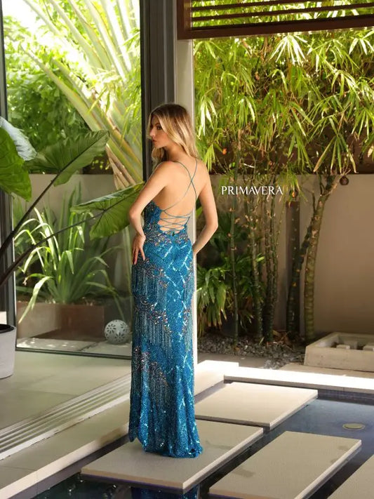 Primavera Couture 4111 Size 8 Peacock Long Prom Dress Plunging V Neck Fringe Sequin Beaded High Slit Formal Pageant Gown