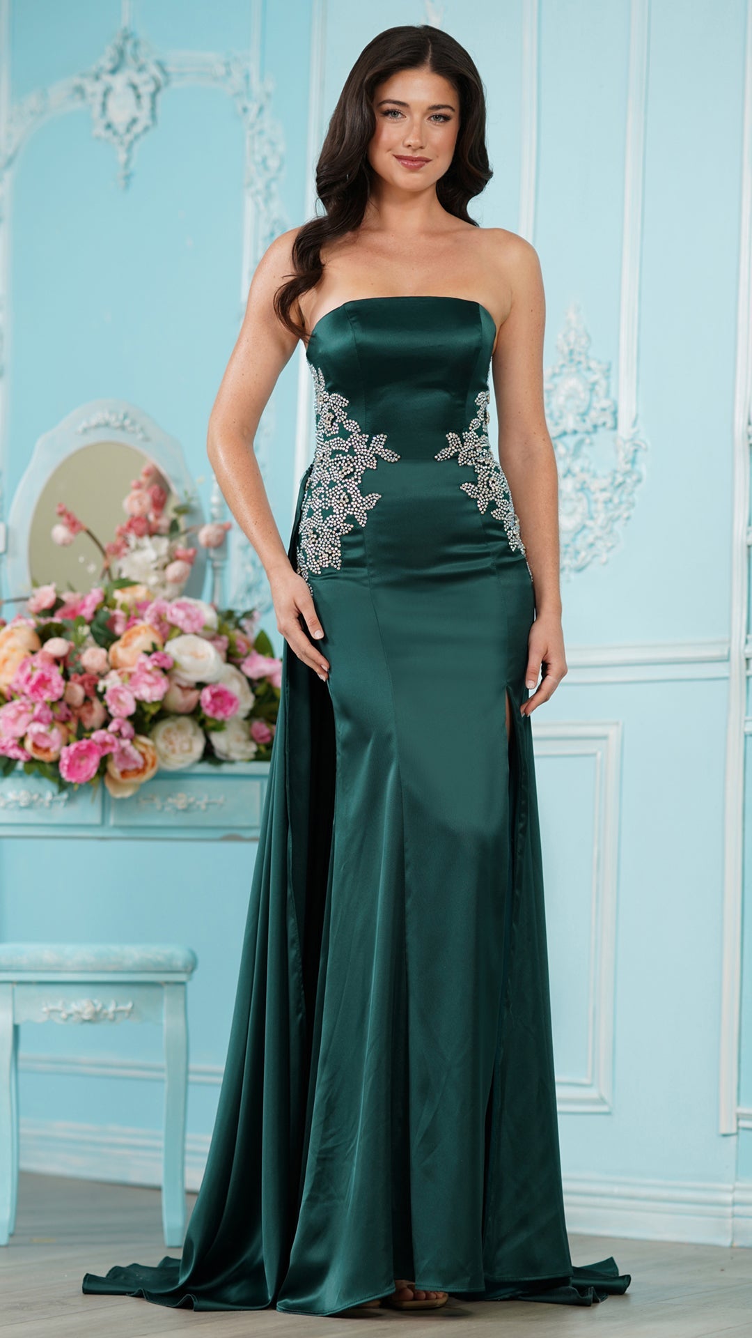Colors Dress 4128 strapless satin corset prom dress in DEEP GREEN β 2027