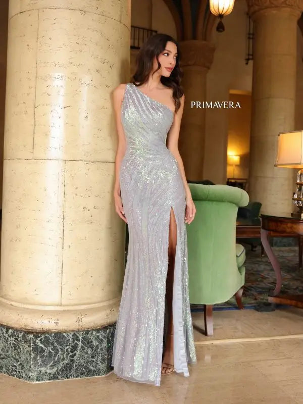 Primavera Couture 4152 Size 8 Platinum Asymmetrical Back Lace Up Fitted High Slit Sequin Beaded Formal Pageant Gown