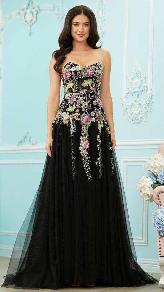 Colors Dress 4199 floral tulle a-line prom dress in BLACK — 2027