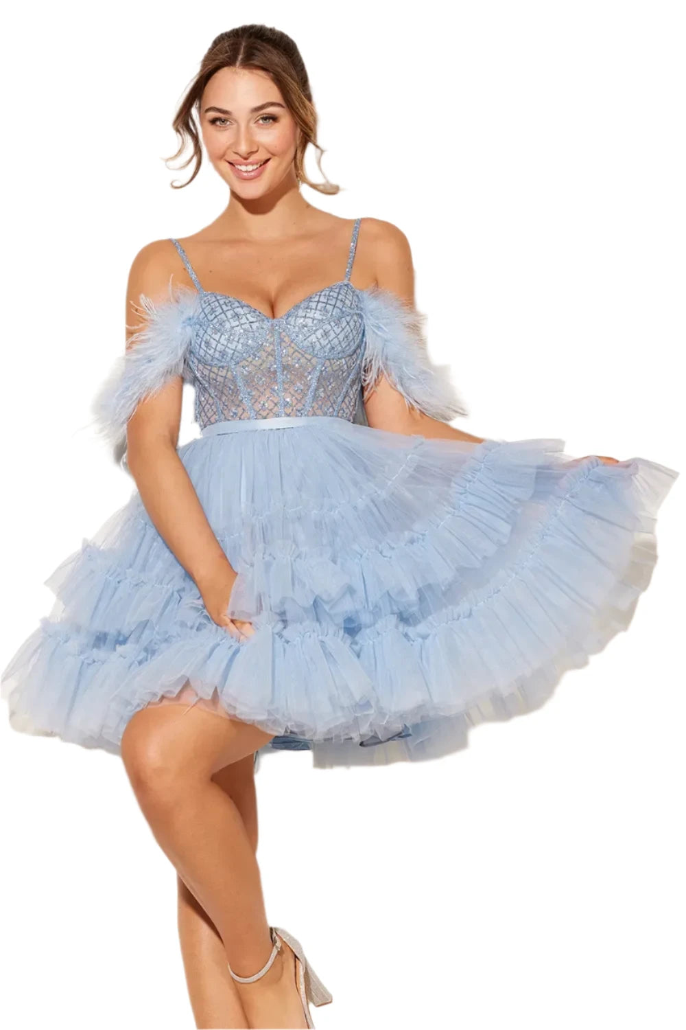 Lucci Lu 4210 Size 12 Blue Short Sheer Corset Homecoming Dress Feather Off The Shoulder Cocktail Dress Lucci Lu 4210 Size 12 Blue Short Sheer Corset Homecoming Dress Feather Off The Shoulder Cocktail Dress