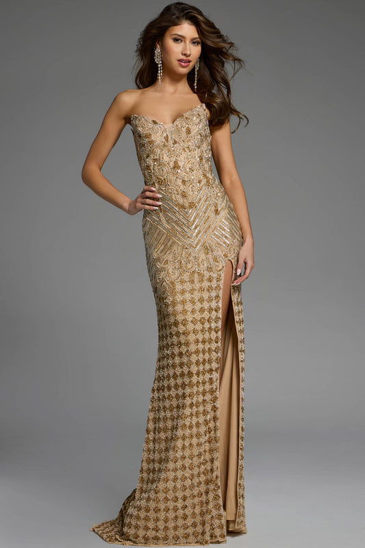Introducing the Jovani 42412, a long, flowing formal pageant dress with a playful slit, beaded accents, and eye-catching V-neck. This gown is perfect for making an elegant entrance, while still showing off your fun and quirky style. With a stunning peak point train, you're sure to turn heads at any event. Strapless Sparkling Beaded Gown 42412 exudes elegance and regality, perfect for making a dazzling entrance at any special event. This floor-length gown features a high slit, adding a touch of allure and so