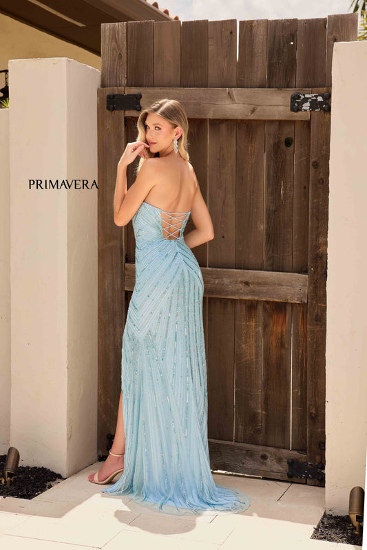 This Primavera Couture 4309 Prom Dress features intricate beading and sequin detailing, with a flattering corset silhouette and dramatic slit. Perfect for any formal occasion, this strapless gown exudes elegance and sophistication. Make a statement and turn heads with this stunning, high-quality dress.
Sizes: 000-18
Colors: Black, Nude, Peacock, Powder Blue