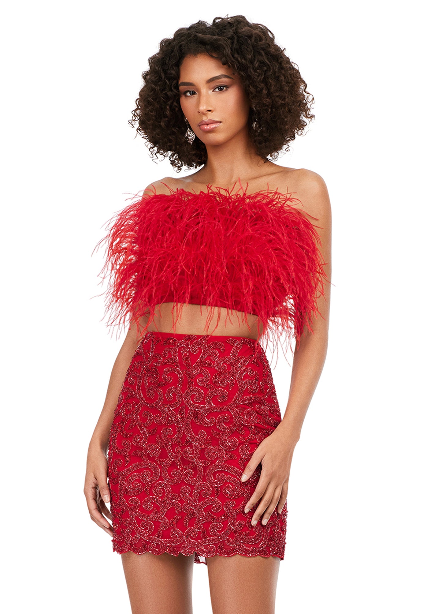 Ashley Lauren 4599 Short Two Piece Beaded Skirt Feather Bodice Formal Cocktail Dress Homecoming This two piece set features a fully beaded skirt and fully feathered top, the perfect pair! This gorgeous piece is a must for your closet! Strapless Feather Bustier Two-Piece Fitted Skirt Sizes: 00-16 Colors: Sky, Candy Pink, Ivory, Lilac, Red