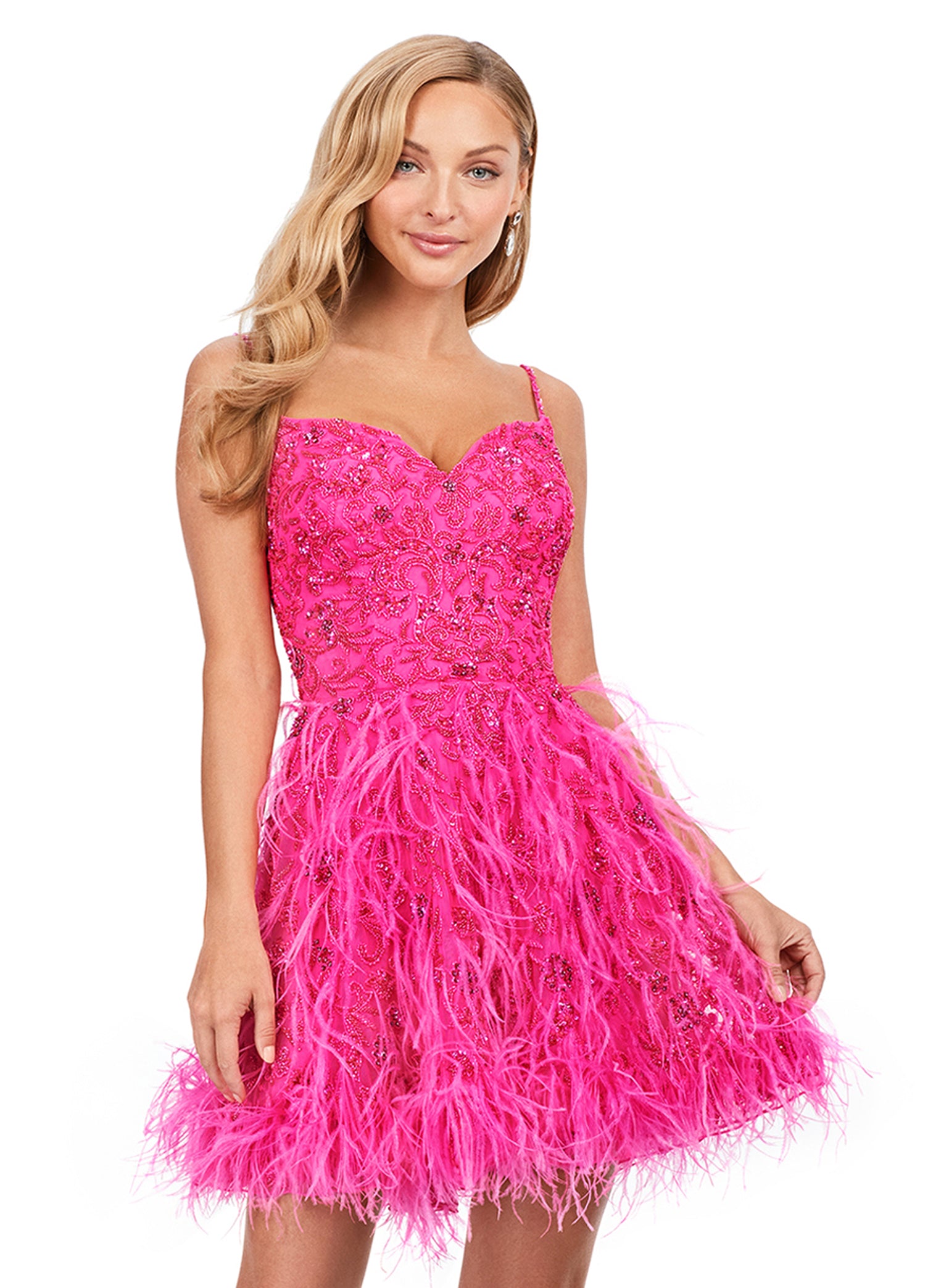 Ashley Lauren 4604 Short A Line Beaded Feather Formal Cocktail Dress Sequin Pageant Wear 16 / Neon Pink Ashley Lauren 4604 Short A Line Beaded Feather Formal Cocktail Dress Sequin Pageant Wear 16 / Neon Pink
