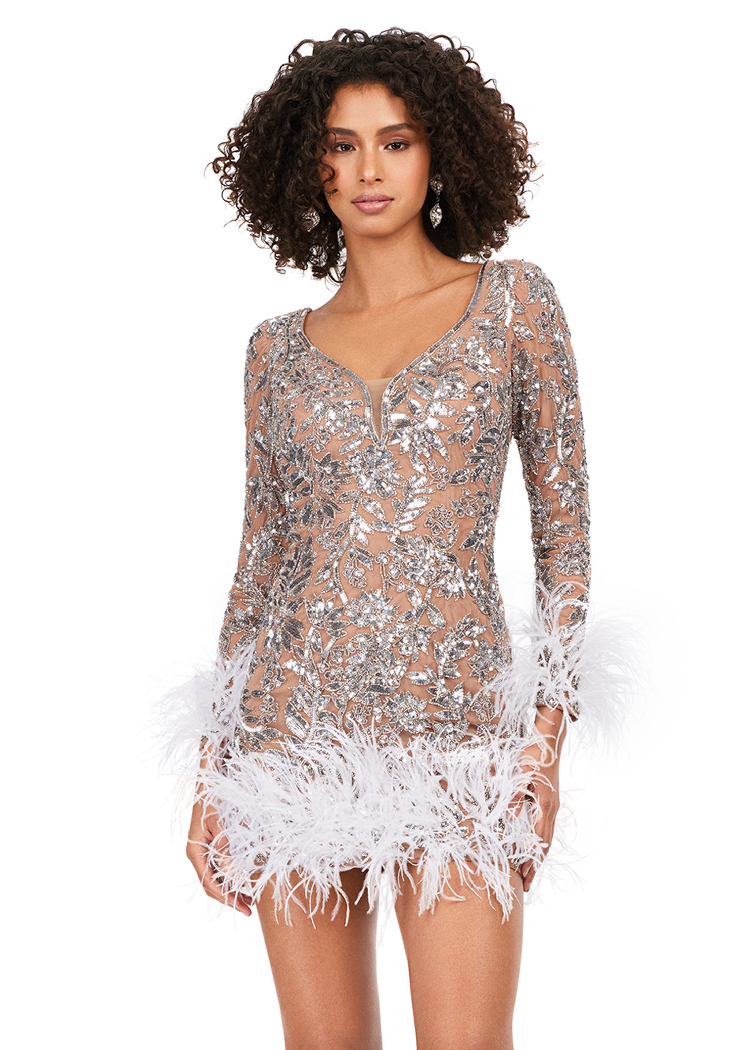 Ashley Lauren 4616 Long Sleeve Feather Detail Sequin V-Neck Open Back Cocktail Homecoming Dress 0 / Silver Ashley Lauren 4616 Long Sleeve Feather Detail Sequin V-Neck Open Back Cocktail Homecoming Dress 0 / Silver