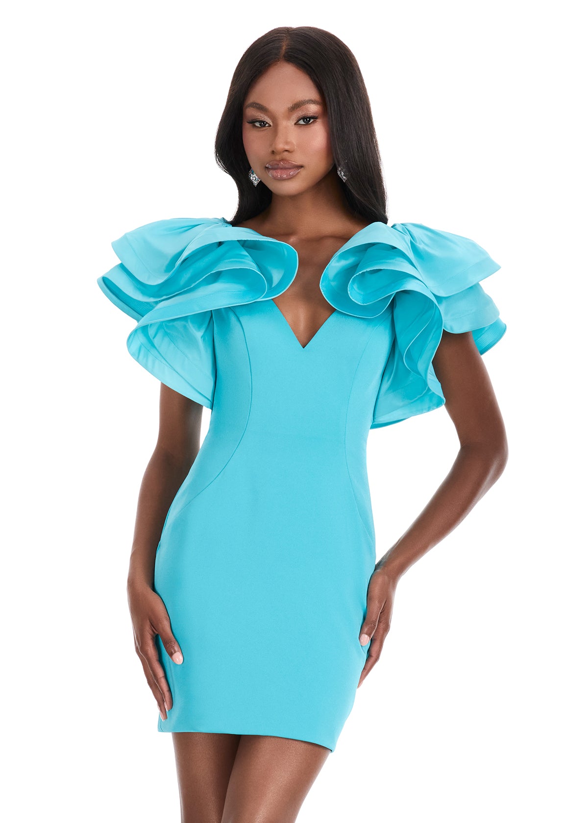 Ashley Lauren 4841 Short Fitted Ruffle Sleeve Cocktail Dress Formal Pa Ashley Lauren 4841 Short Fitted Ruffle Sleeve Cocktail Dress Formal Pa