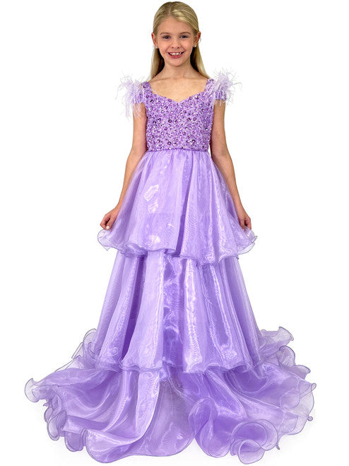 This exquisite Marc Defang 5143 Girls Pageant Dress features a feather off the shoulder straps, fully beaded bodice with shimmering layer organza skirt. The perfect dress for a special occasion, this dress will make your little girl feel like a princess. Sizes: 4-14 Colors: Lilac, Baby Blue