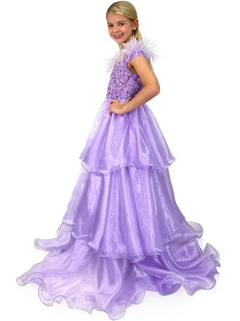 This exquisite Marc Defang 5143 Girls Pageant Dress features a feather off the shoulder straps, fully beaded bodice with shimmering layer organza skirt. The perfect dress for a special occasion, this dress will make your little girl feel like a princess. Sizes: 4-14 Colors: Lilac, Baby Blue