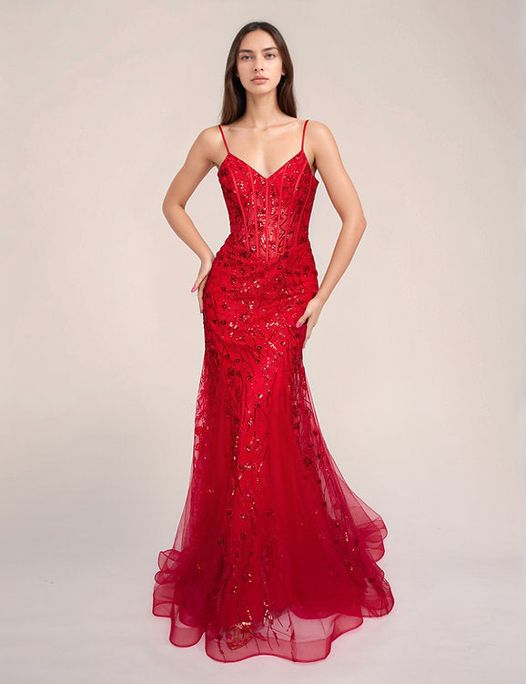 Nina Canacci 5300 Size 8 Red Sheer Sequin Lace Corset Prom Dress Mermaid Evening Gown