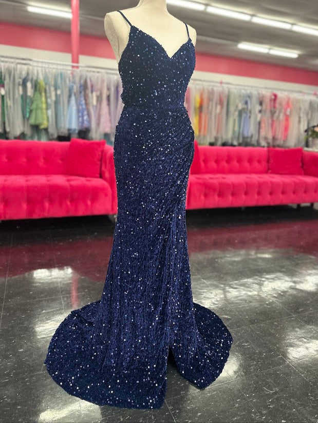 Nina Canacci 5302 Size 4 Navy Long Velvet Sequin Backless Slit Prom Dress Formal Evening Gown Nina Canacci 5302 Size 4 Navy Long Velvet Sequin Backless Slit Prom Dress Formal Evening Gown