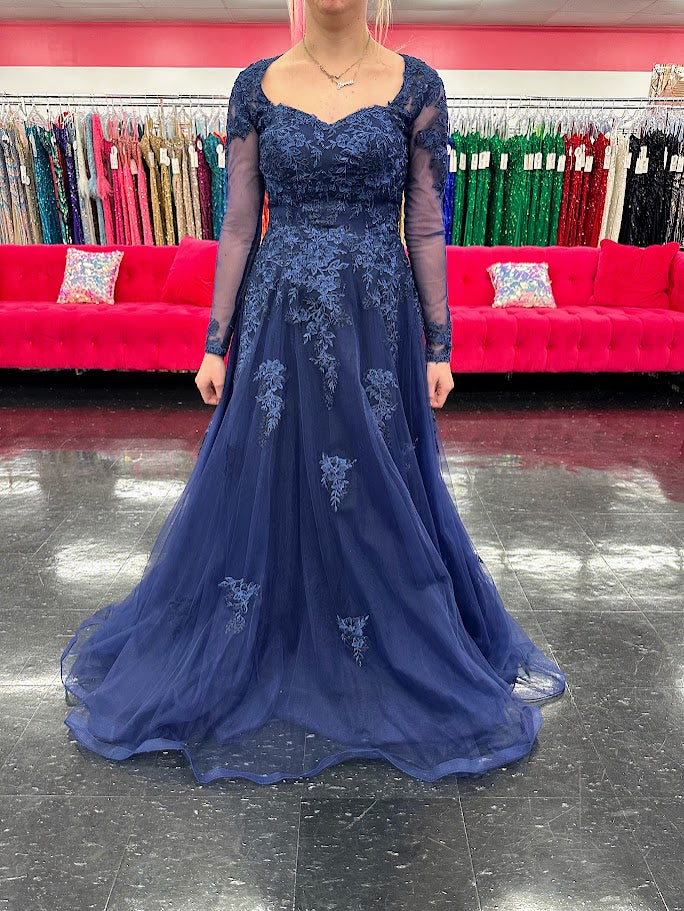 knee length dresses for ladies Nina Canacci 5310 Size 4 Navy Lace Long Sleeve A Line Dress Formal Mother of Gown Evening