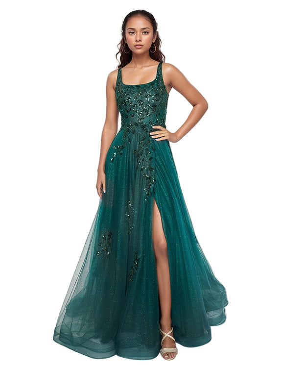 navy blue dress for baby girl A Line Emerald Green Satin Long Prom Dress With High Slit,WP041 – winkbridal main image 1