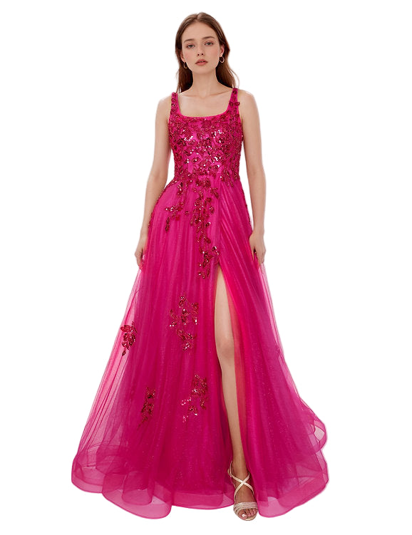 Nina Canacci 6626 Size 10 Hot Pink A Line Prom Dress Sequin Scoop Neck Maxi Slit Formal Sequin Gown