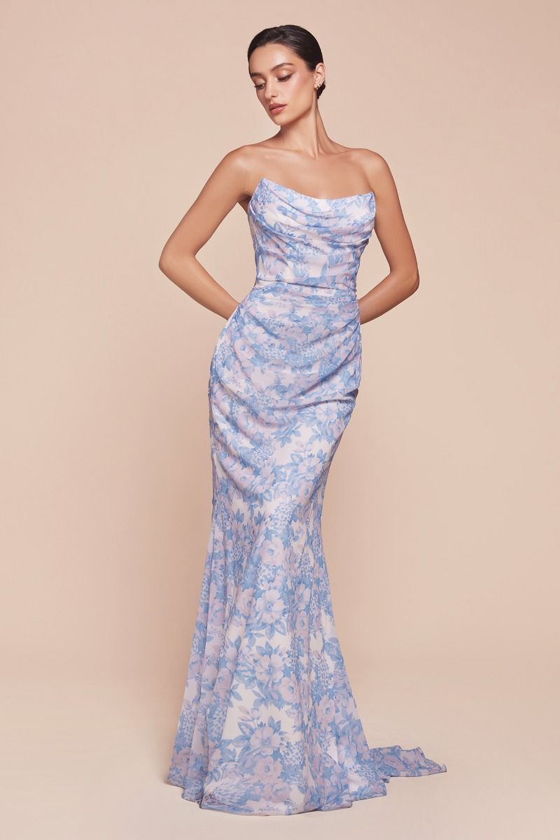 Elevate your formal look with the Ladivine 7445, a strapless scoop-neck gown designed for prom and pageant moments. This fitted silhouette features delicate floral-print chiffon with a structured lace-up corset back that provides support and flatters your figure. The gathered waistline and flowing skirt create an elegant, graceful movement perfect for special occasions. Available in blue, sizes 8–18. Complete your ensemble with coordinating pieces from the Ladivine collection.
Silhouette: Fitted
Desig