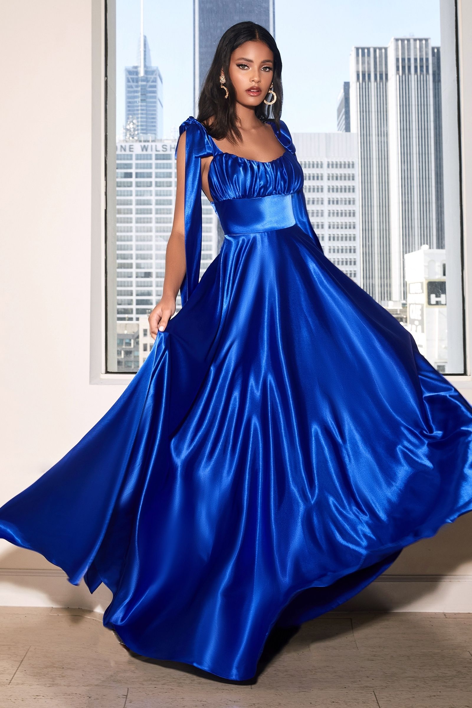 Ladivine 7490 Size 8 Royal Satin A Line Formal Dress Bows Scoop Neck Gown Empire Waist Ladivine 7490 Size 8 Royal Satin A Line Formal Dress Bows Scoop Neck Gown Empire Waist