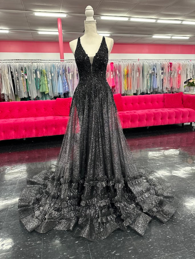 Nina Canacci 7607 Size 4 Black Sheath Prom Dress Sheer A Line Overskirt Ruffles Sequin V Neckline Corset Lace Up Back Nina Canacci 7607 Size 4 Black Sheath Prom Dress Sheer A Line Overskirt Ruffles Sequin V Neckline Corset Lace Up Back
