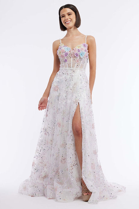 Elevate your formal occasion with Vienna Prom 7896. This stunning long prom dress features a floral 3D corset and a floral print skirt with a beaded slit and train. Perfect for pageants and formal events, this gown combines intricate details and elegant design for a truly captivating look.