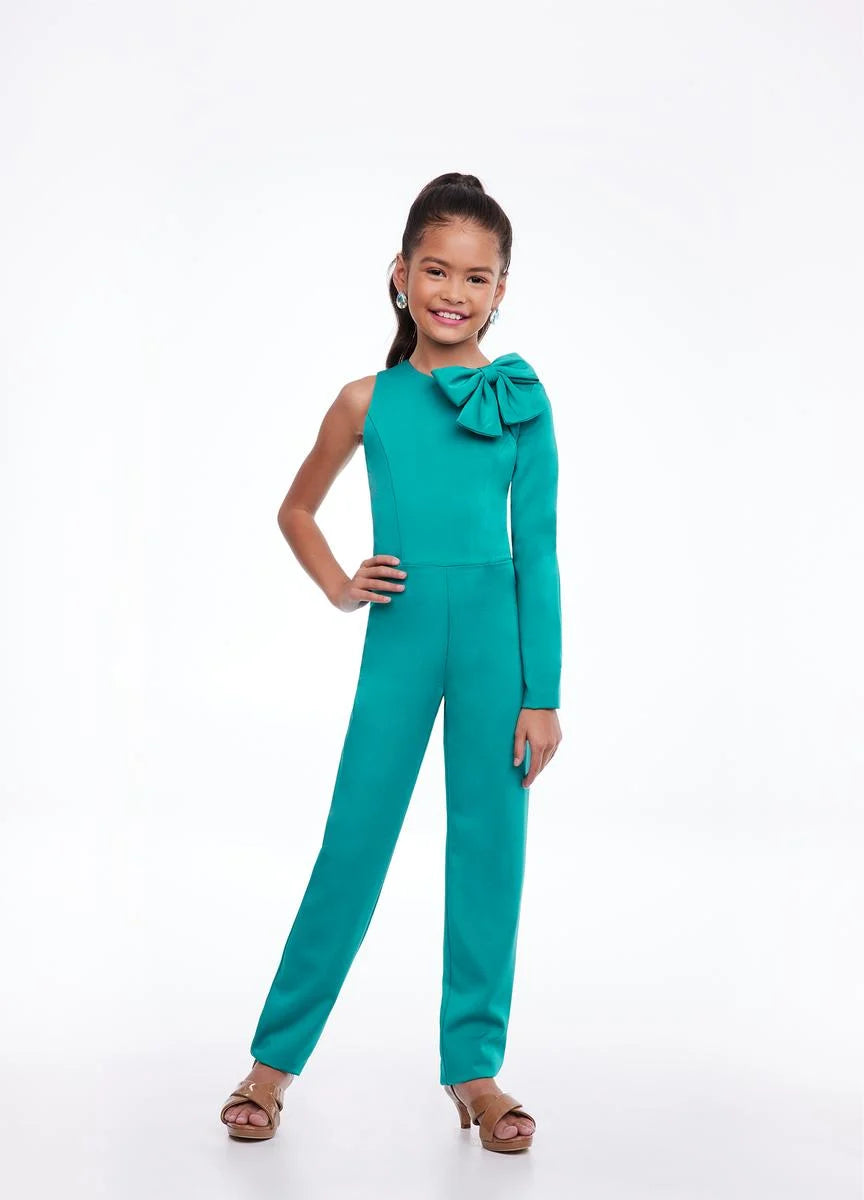 Ashley Lauren Kids 8133 Size 14 Jade Long Sleeve Crepe Jumpsuit bow Pageant Wear